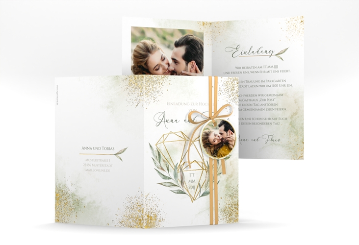 Einladungskarte Hochzeit Heartfelt A6 Klappkarte hoch weiss gold mit Diamanten im Geometric Design