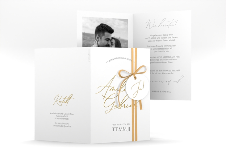 Einladungskarte Hochzeit Federschrift A6 Klappkarte hoch weiss gold in schlichtem Design mit Kalligrafie
