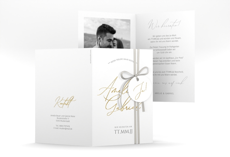 Einladungskarte Hochzeit Federschrift A6 Klappkarte hoch weiss gold in schlichtem Design mit Kalligrafie