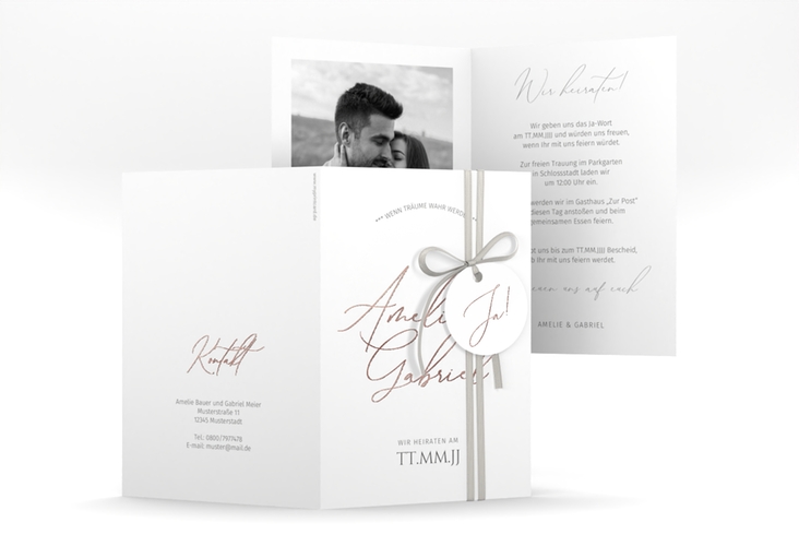 Einladungskarte Hochzeit Federschrift A6 Klappkarte hoch weiss rosegold in schlichtem Design mit Kalligrafie