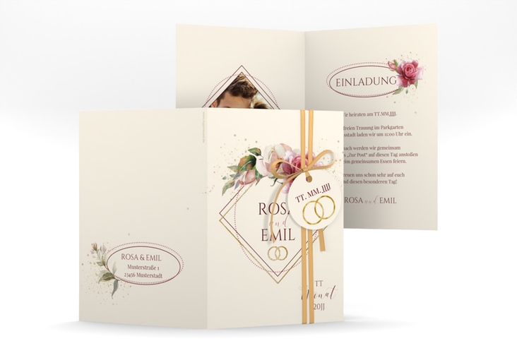 Einladungskarte Hochzeit Rosenbogen A6 Klappkarte hoch beige gold