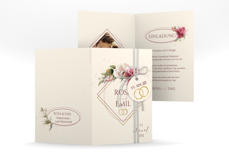 Einladungskarte Hochzeit Rosenbogen A6 Klappkarte hoch beige gold