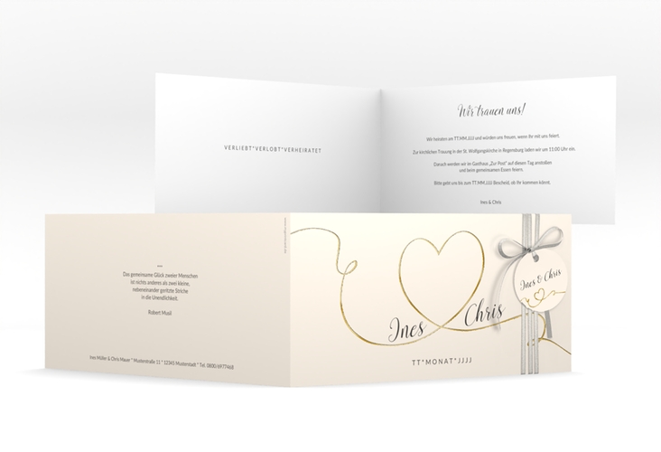 Hochzeitseinladung Dolce lange Klappkarte quer beige gold