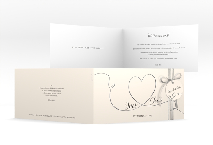 Hochzeitseinladung Dolce lange Klappkarte quer beige silber