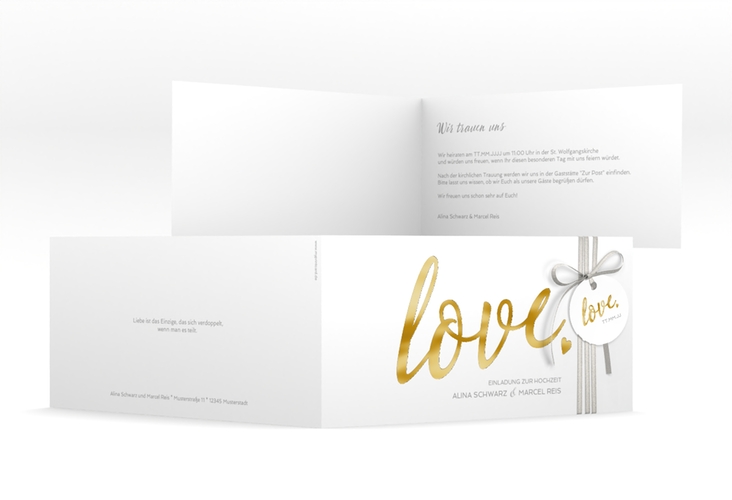 Hochzeitseinladung Glam lange Klappkarte quer weiss gold