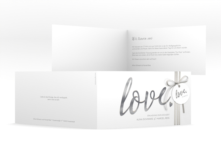 Hochzeitseinladung Glam lange Klappkarte quer weiss silber