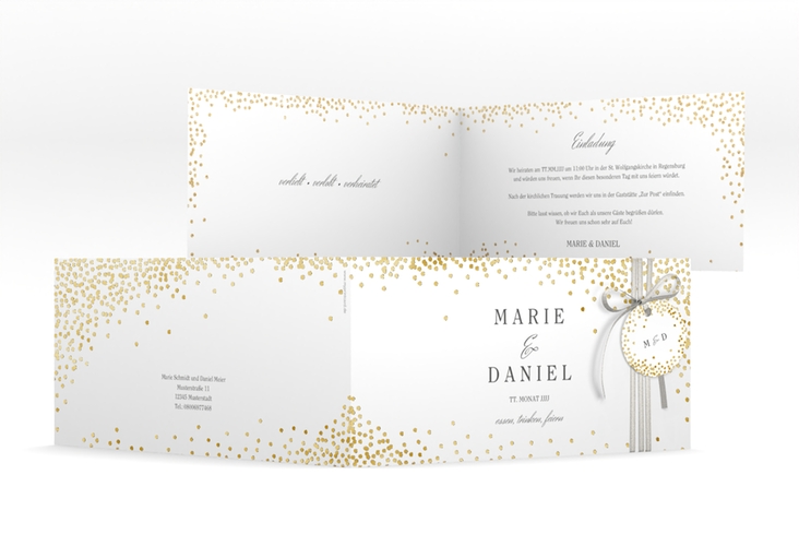 Hochzeitseinladung Glitter lange Klappkarte quer weiss gold