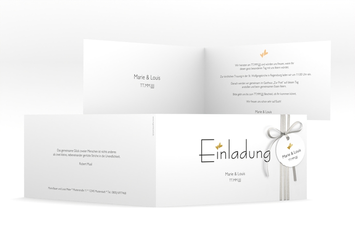 Hochzeitseinladung Twohearts lange Klappkarte quer beige gold
