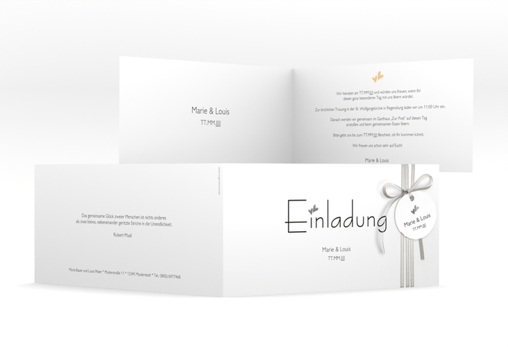 Hochzeitseinladung Twohearts lange Klappkarte quer beige silber