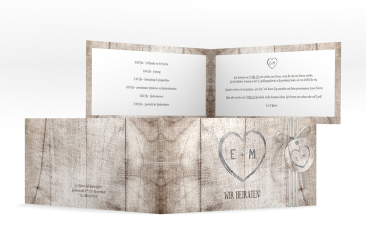 Hochzeitseinladung Wood lange Klappkarte quer weiss silber