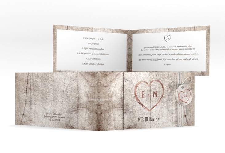 Hochzeitseinladung Wood lange Klappkarte quer weiss rosegold