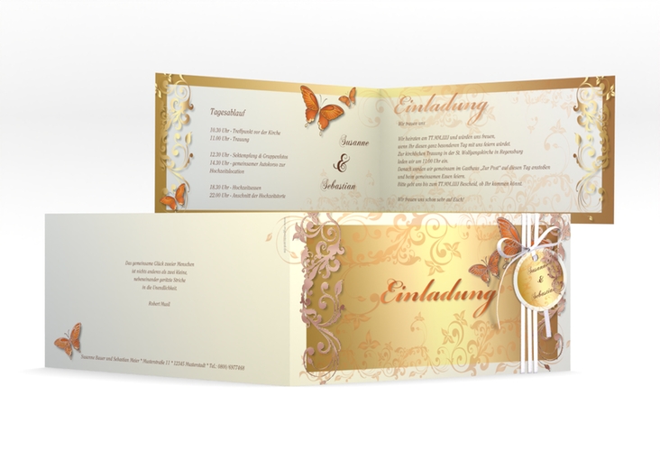 Hochzeitseinladung Toulouse lange Klappkarte quer orange rosegold