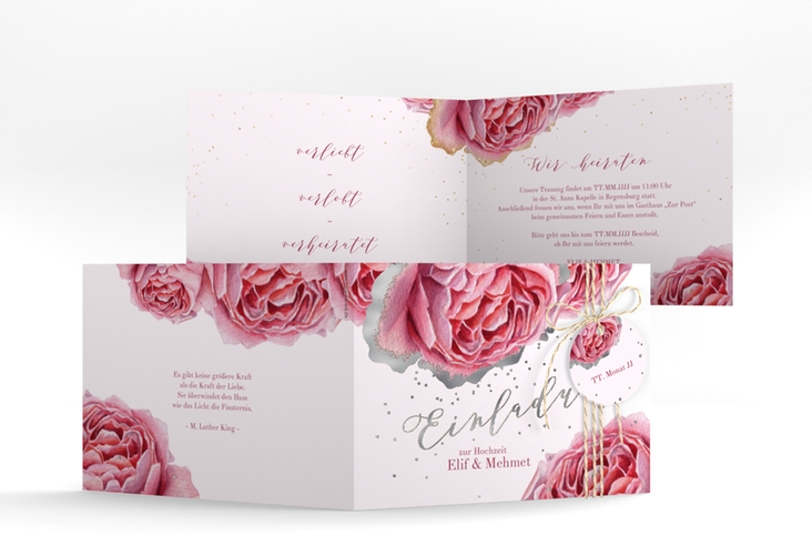 Hochzeitseinladung Cherie A6 Klappkarte quer rosa silber