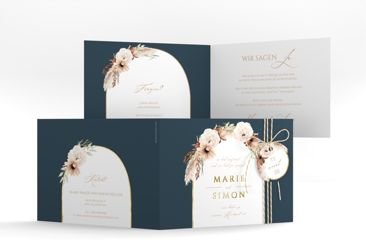 Hochzeitseinladung Blumenbogen A6 Klappkarte quer blau gold