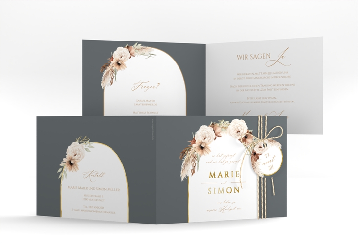 Hochzeitseinladung Blumenbogen A6 Klappkarte quer grau gold
