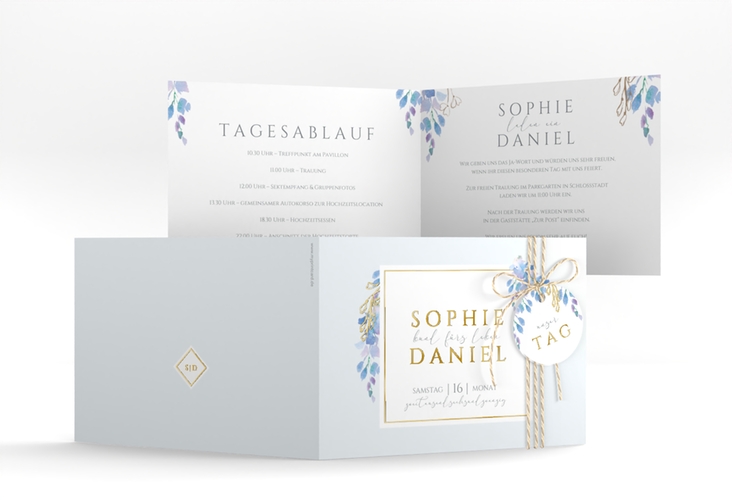 Hochzeiteinladung Blauregen A6 Klappkarte quer blau gold mit Wisteria-Blüten