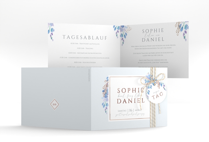 Hochzeiteinladung Blauregen A6 Klappkarte quer blau rosegold mit Wisteria-Blüten