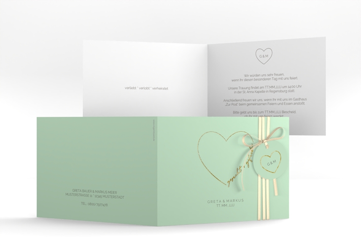 Hochzeitseinladung Lebenstraum A6 Klappkarte quer mint gold