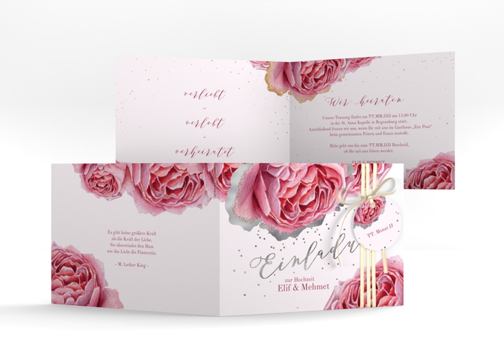 Hochzeitseinladung Cherie A6 Klappkarte quer rosa silber