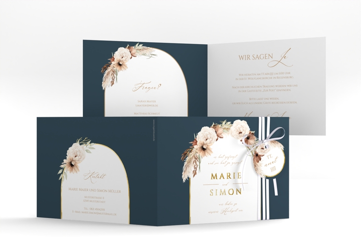 Hochzeitseinladung Blumenbogen A6 Klappkarte quer blau gold