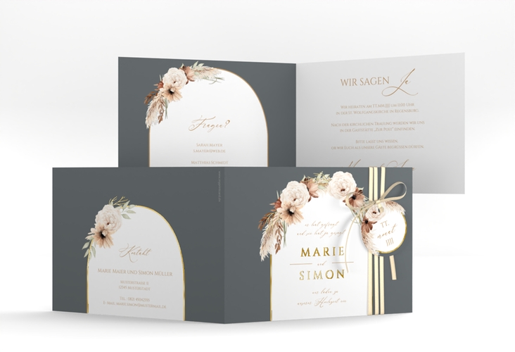 Hochzeitseinladung Blumenbogen A6 Klappkarte quer grau gold
