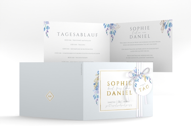 Hochzeiteinladung Blauregen A6 Klappkarte quer blau gold mit Wisteria-Blüten