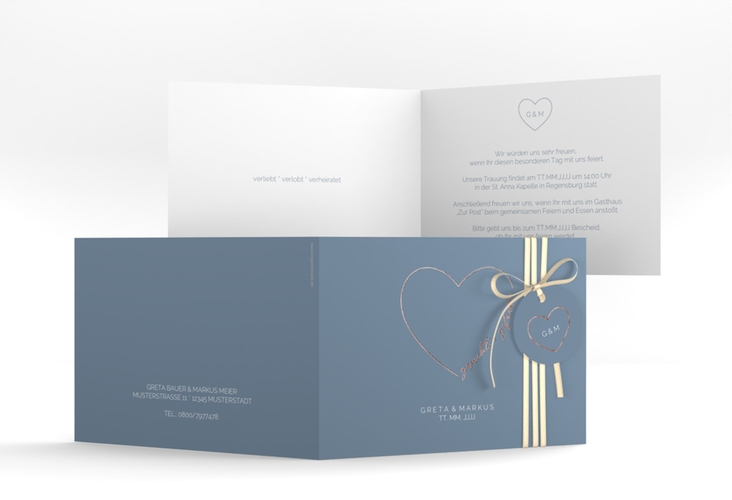 Hochzeitseinladung Lebenstraum A6 Klappkarte quer blau rosegold