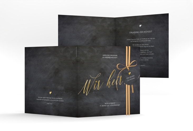 Hochzeitseinladung Chalkboard quadr. Klappkarte schwarz gold mit Folienveredelung