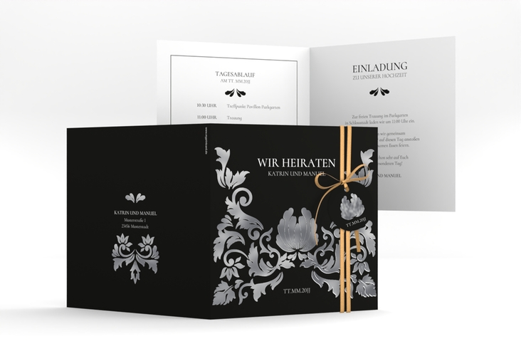 Hochzeitseinladung Royal quadr. Klappkarte schwarz silber mit barockem Blumen-Ornament
