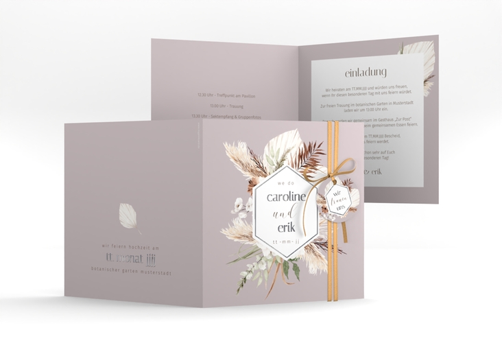 Hochzeitseinladung Bohemian quadr. Klappkarte flieder silber im Boho-Style mit Pampasgras