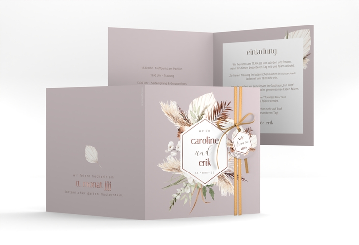 Hochzeitseinladung Bohemian quadr. Klappkarte flieder rosegold im Boho-Style mit Pampasgras