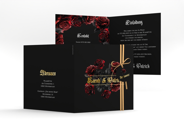 Hochzeitseinladung Gothic Rose quadr. Klappkarte schwarz gold