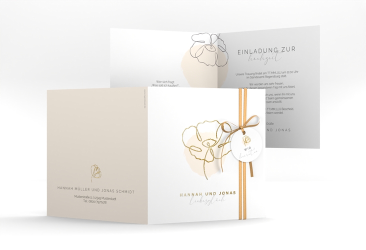 Hochzeitseinladung Flowerline quadr. Klappkarte apricot gold