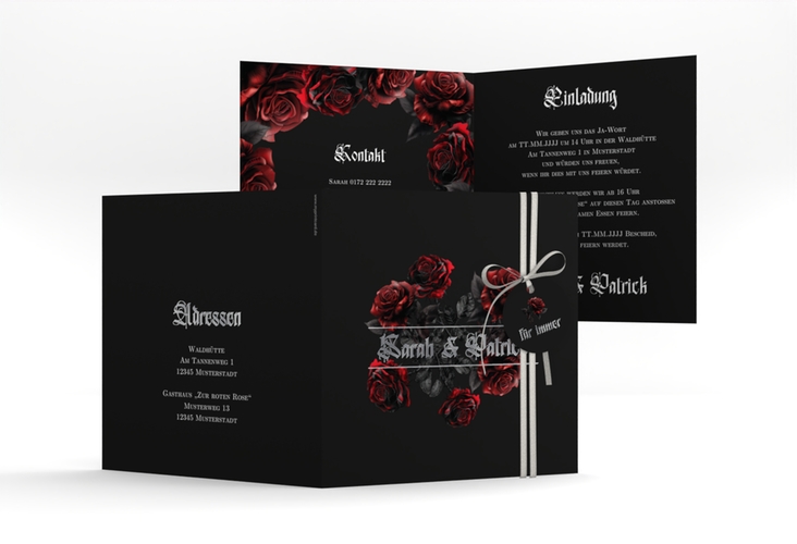 Hochzeitseinladung Gothic Rose quadr. Klappkarte schwarz silber