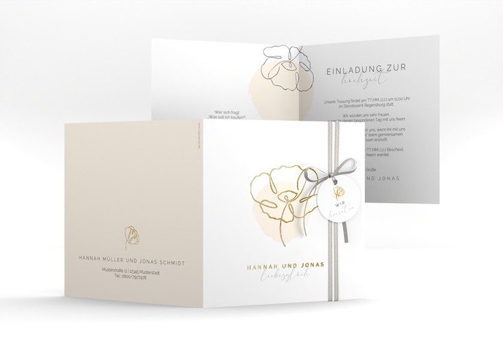 Hochzeitseinladung Flowerline quadr. Klappkarte apricot gold