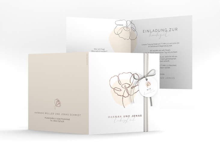 Hochzeitseinladung Flowerline quadr. Klappkarte apricot rosegold
