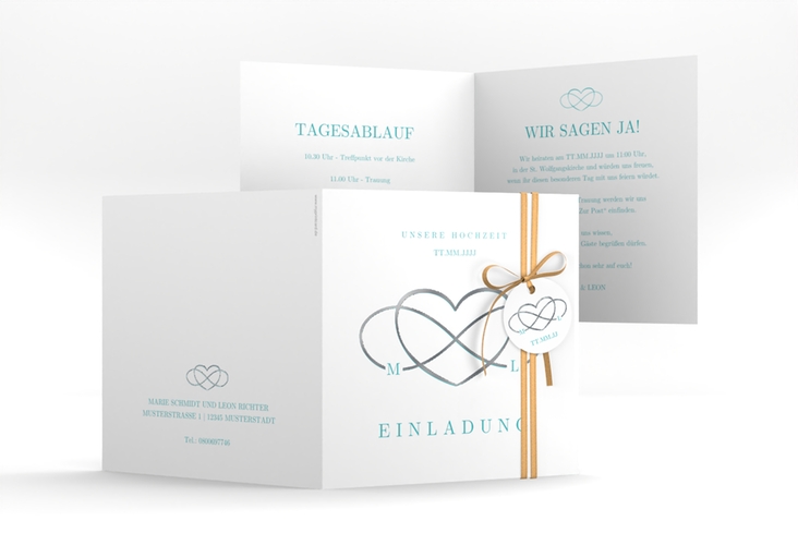 Hochzeitseinladung Infinity quadr. Klappkarte tuerkis silber