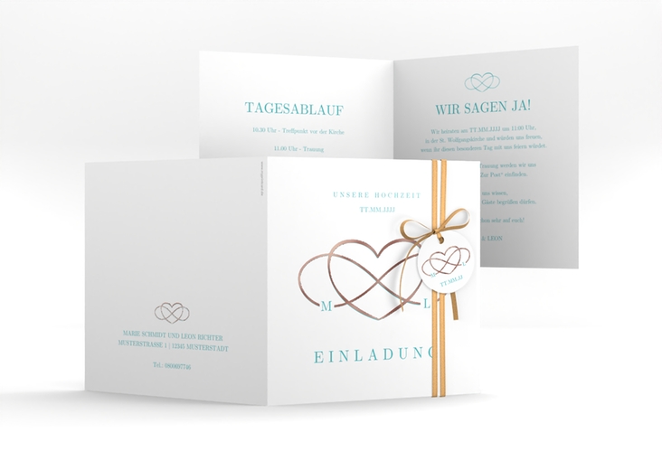 Hochzeitseinladung Infinity quadr. Klappkarte tuerkis rosegold