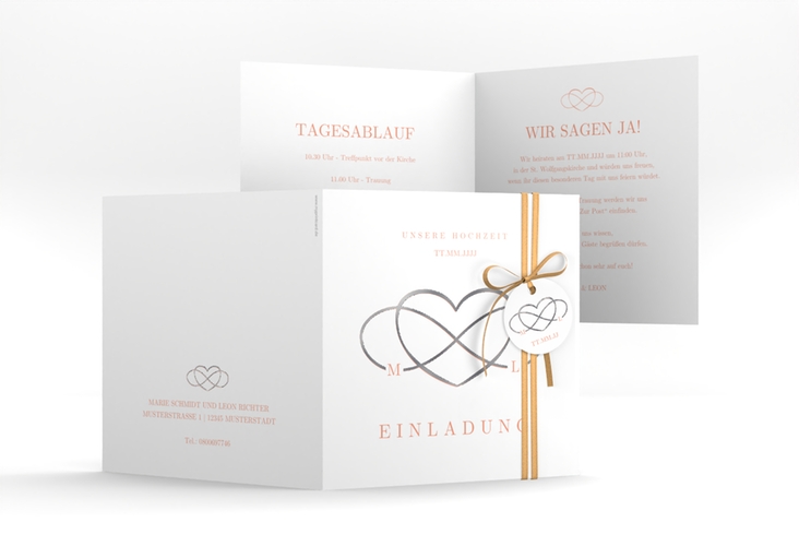 Hochzeitseinladung Infinity quadr. Klappkarte apricot silber