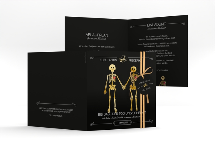 Hochzeitseinladung Bones quadr. Klappkarte schwarz gold