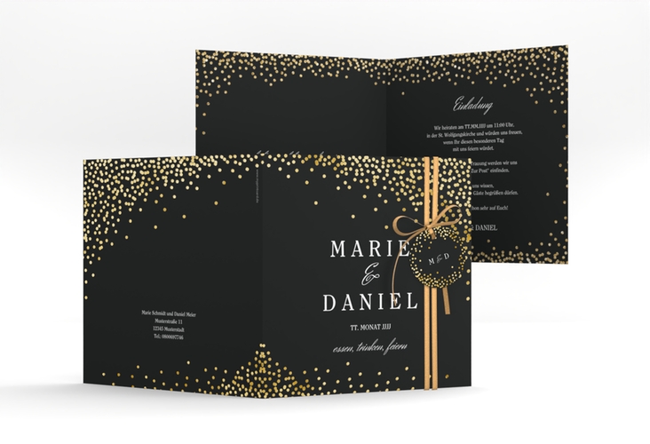 Hochzeitseinladung Glitter quadr. Klappkarte schwarz gold