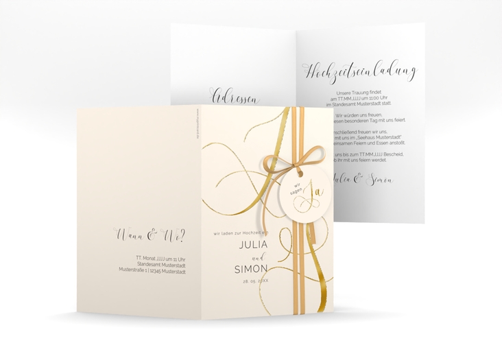 Hochzeitseinladung Eheschließung A6 Klappkarte hoch beige gold mit Gräsern und Trockenblumen für Boho-Hochzeit