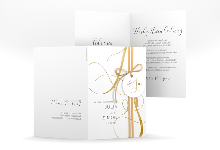 Hochzeitseinladung Eheschließung A6 Klappkarte hoch weiss gold mit Gräsern und Trockenblumen für Boho-Hochzeit