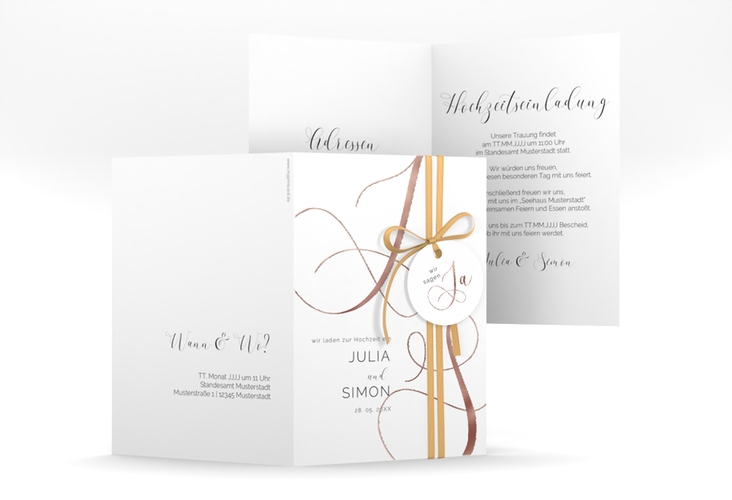 Hochzeitseinladung Eheschließung A6 Klappkarte hoch weiss rosegold mit Gräsern und Trockenblumen für Boho-Hochzeit