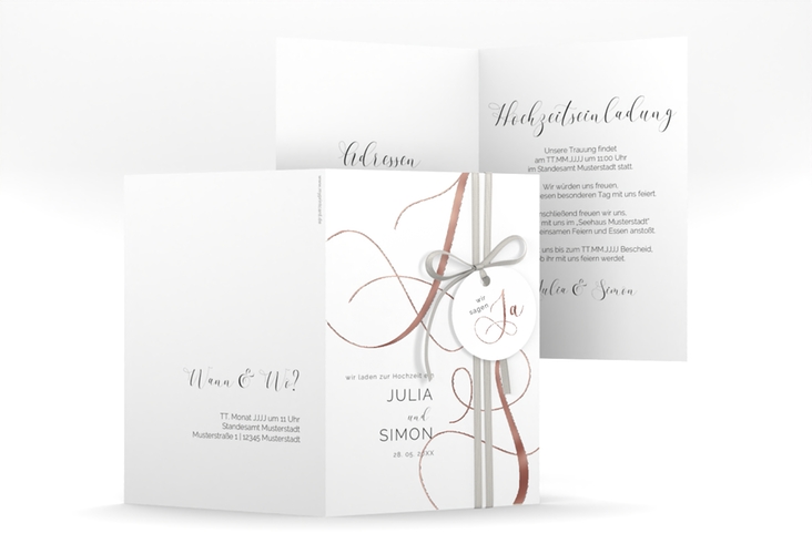 Hochzeitseinladung Eheschließung A6 Klappkarte hoch weiss rosegold mit Gräsern und Trockenblumen für Boho-Hochzeit