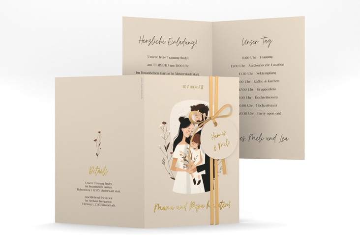 Einladungskarte Hochzeit Familienglück A6 Klappkarte hoch beige gold für Paare mit Kind
