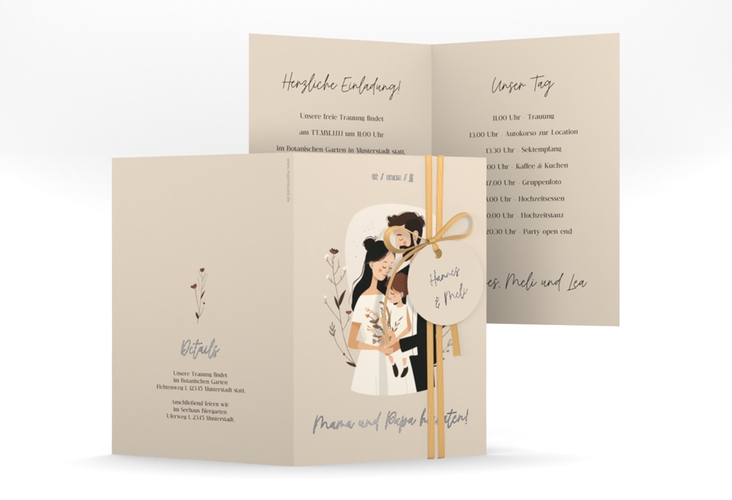 Einladungskarte Hochzeit Familienglück A6 Klappkarte hoch beige silber für Paare mit Kind