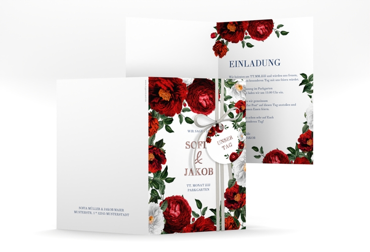 Einladungskarte Hochzeit Florista A6 Klappkarte hoch weiss rosegold