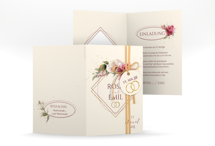 Einladungskarte Hochzeit Rosenbogen A6 Klappkarte hoch beige gold