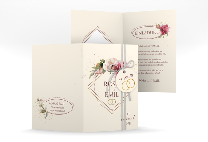 Einladungskarte Hochzeit Rosenbogen A6 Klappkarte hoch beige gold